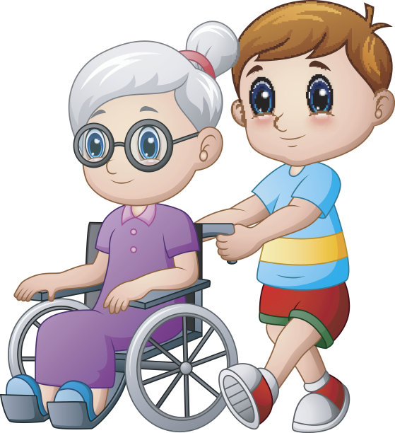 卡通男孩和坐在轮椅上的奶奶图片下载