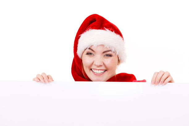 拿着空白横幅的女人。圣诞节图片下载