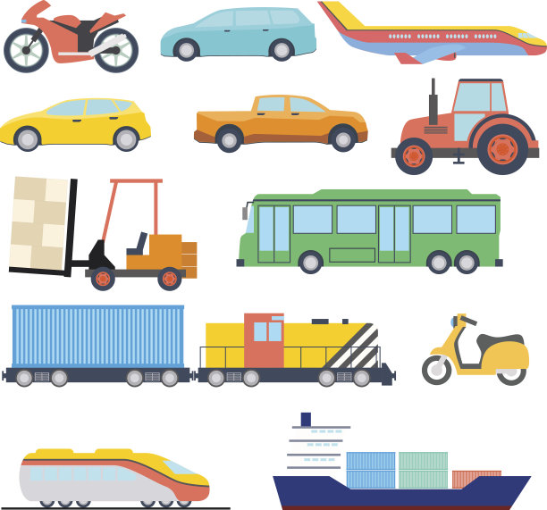 运输平面图标。扁平的汽车、轮船和飞机图标。向量图片下载