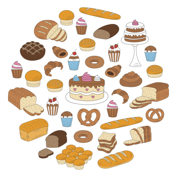 面包店和糕点收集，涂鸦矢量插图孤立在白色图片下载