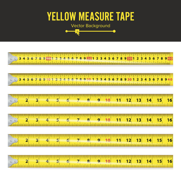 黄色测量带向量。测量工具设备的英寸。几种变体，比例缩放图片下载