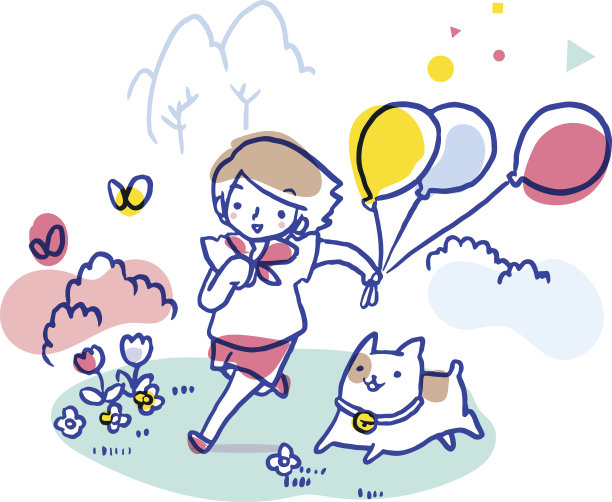 女孩拿着气球和她的狗在田野里奔跑图片下载