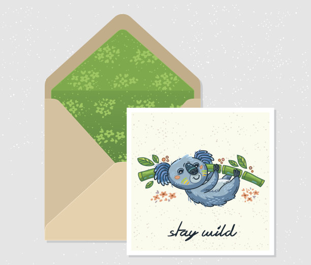 设计向量集。信封和卡片与可爱的考拉图片下载