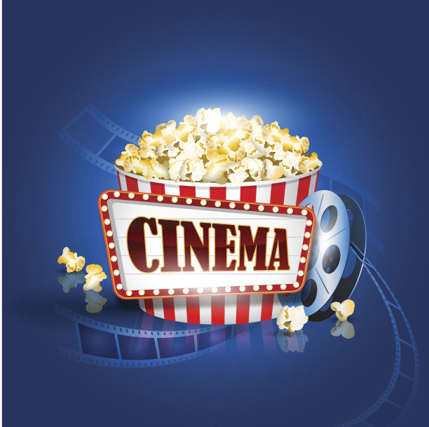 蓝色背景上的胶卷和爆米花。详细的向量图片下载