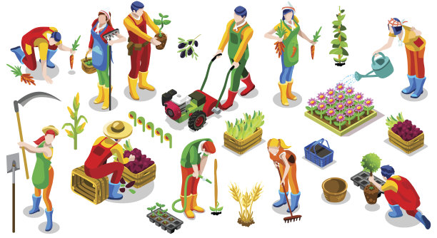 等距农民3D人图标收集矢量插图图片下载