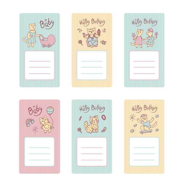 矢量儿童贺卡在柔和的颜色。猫妈妈抱着婴儿车，女孩抱着冰淇淋，小猫男孩抱着水果和糖果。小猫玩滑板，小猫玩气球。空间的文本。图片下载