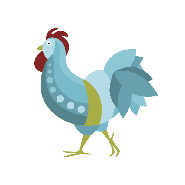 鸡农场鸟在艺术现代风格充满蓝色和绿色几何形状图案彩色插图图片下载