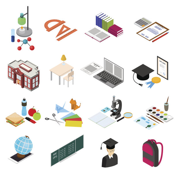 教育学校颜色图标设置等距视图。向量图片下载