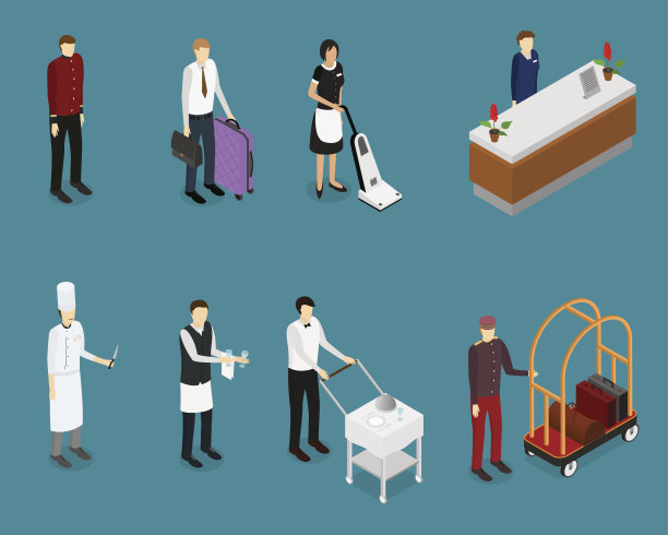 酒店服务人员设置等距视图。向量图片下载