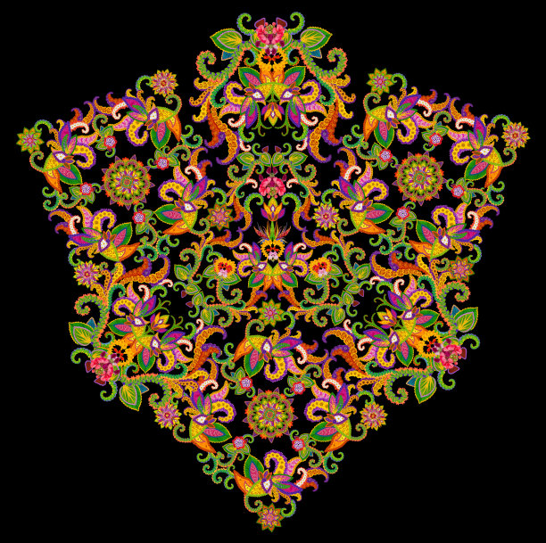 魔鬼脸抽象符号在花卉土耳其波斯风格。生动的夏日花草手工拼贴画。孤立在黑色图片下载
