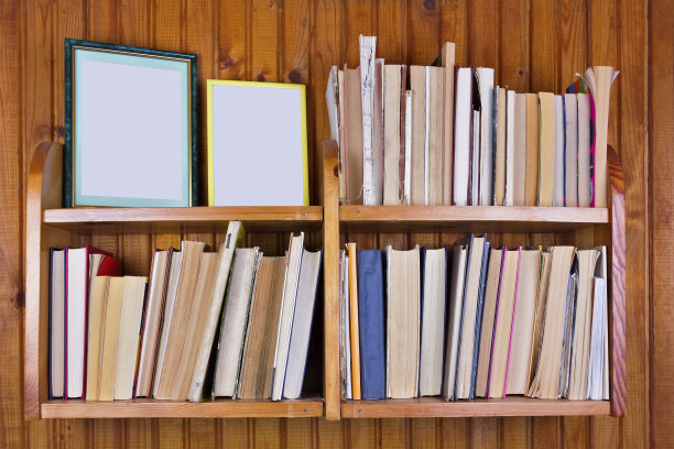 木架上被遗忘的破旧书籍和照片。这所乡村住宅的墙壁用松木条做了软垫。快速流逝时间的概念图片下载