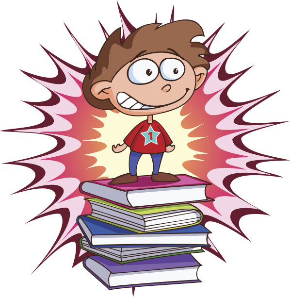 快乐成功的年轻学生在一堆书。图片下载