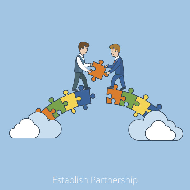 线性平坦的两商建设桥梁与拼图块矢量插图。建立合伙经营理念。图片下载