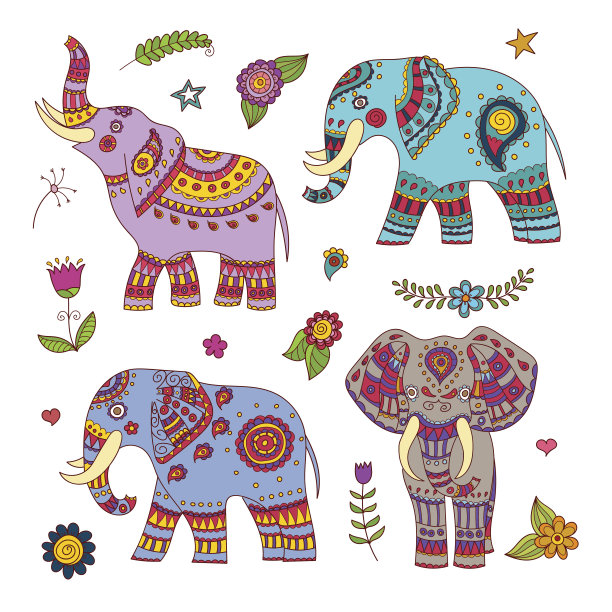 四个涂鸦向量大象和花卉元素的设计图片下载