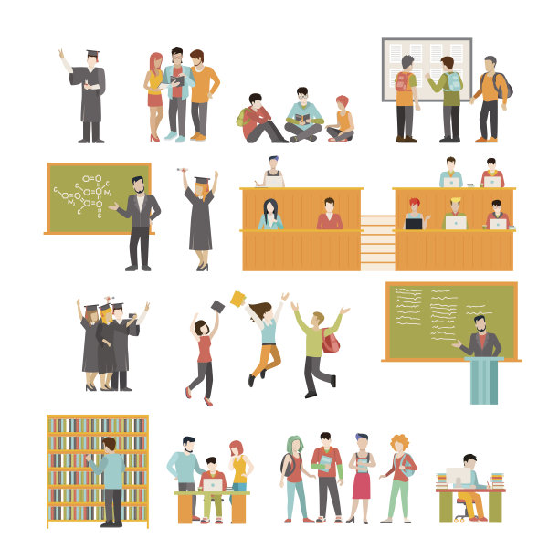 直线平面大学选课、选修、学习和毕业矢量插图集。图书馆和教室内部隔离图标。现代教育与知识观念。图片下载