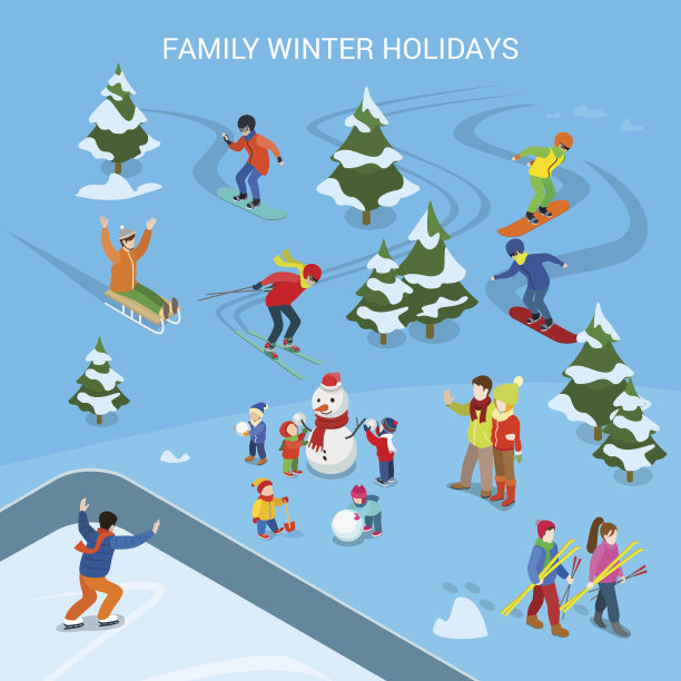 平地滑雪场与雪的背景，成人和儿童在雪橇上滑雪，滑雪板，溜冰鞋，有乐趣的雪人矢量插图。家庭寒假，运动理念。图片下载