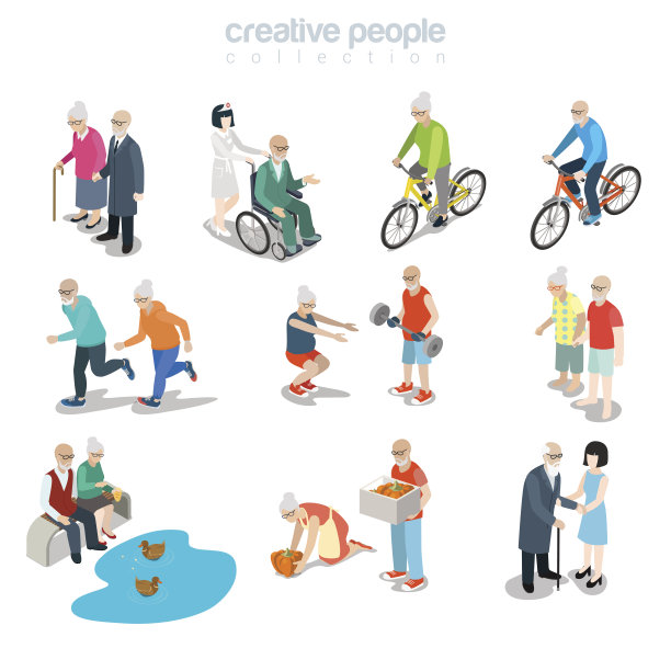 平面等距老两口散步、骑自行车、园艺、跑步、做运动矢量插图。三维等距幸福生活理念。图片下载