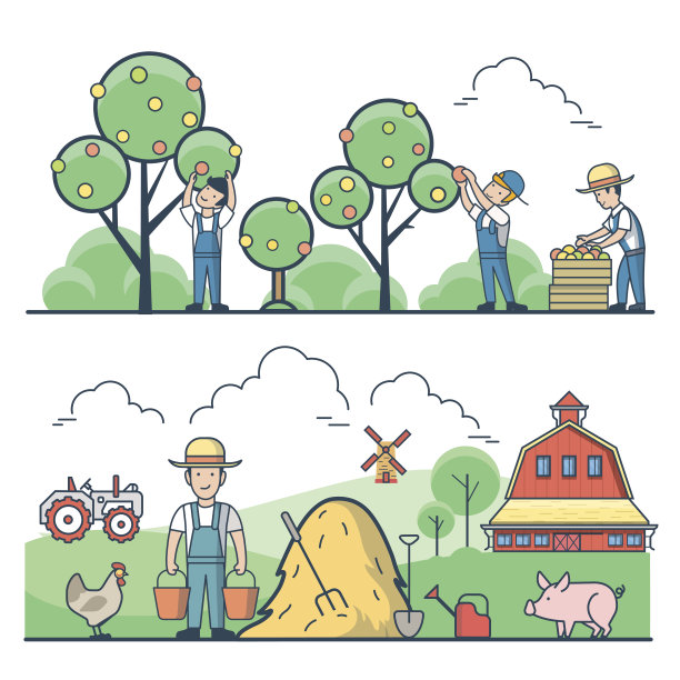 线形扁平的年轻男子在苹果园采摘水果，农民提着水桶在乡村景观矢量插图设置。园艺的概念。拖拉机，干草堆，风车，鸡和猪。图片下载