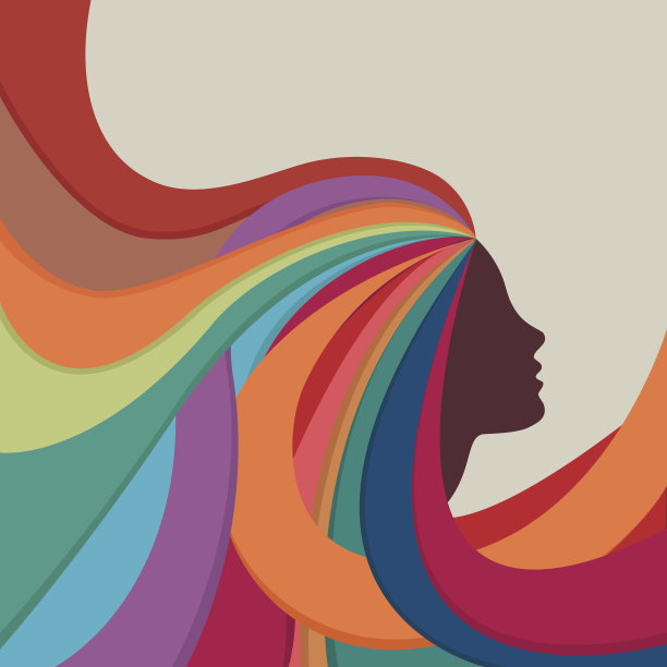 矢量画了一个有着长卷发的女孩的彩色侧面。发型概念海报或背景图片下载