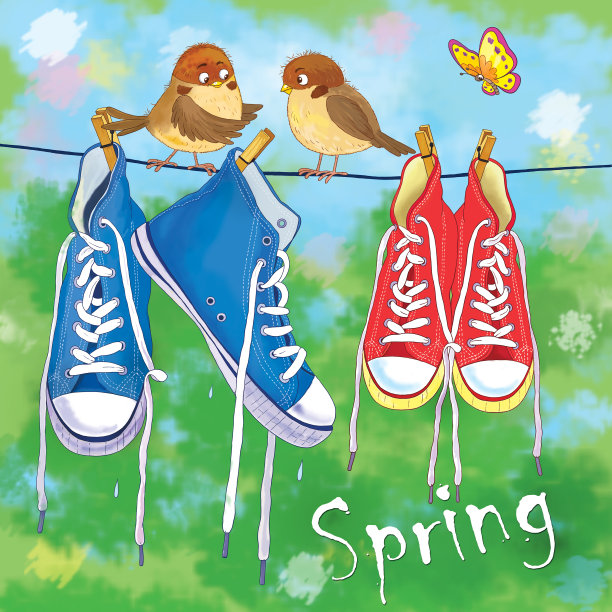 运动鞋挂在绳子上。对儿童插图。可爱和有趣的卡通人物图片下载