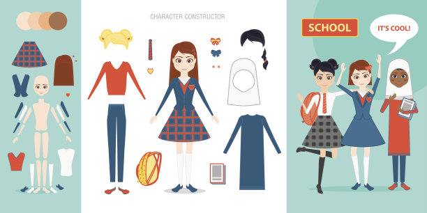 女生角色构造函数集。卡通矢量平面风格的信息图表插图。穿着不同国家校服的女学生。公文包，书，发型，衣服，肤色。图片下载