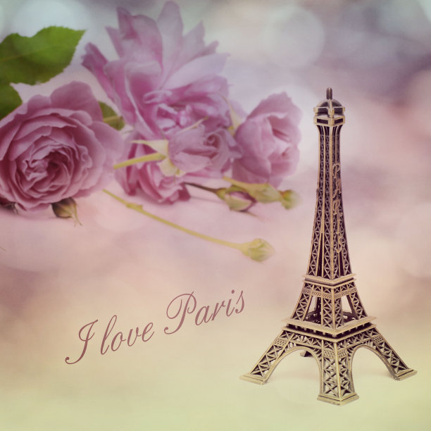 复古的粉色背景，玫瑰和埃菲尔铁塔图片下载