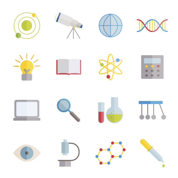 平面科学图标的集合。彩色的平面图标用于网页，打印，移动应用程序设计图片下载