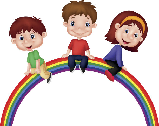 卡通儿童坐在彩虹上图片下载