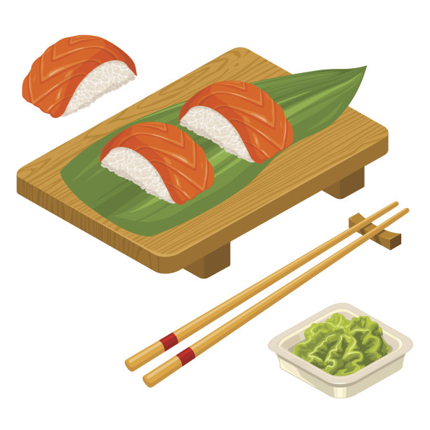 手握寿司配叶子，鱼，筷子，芥末，板图片下载