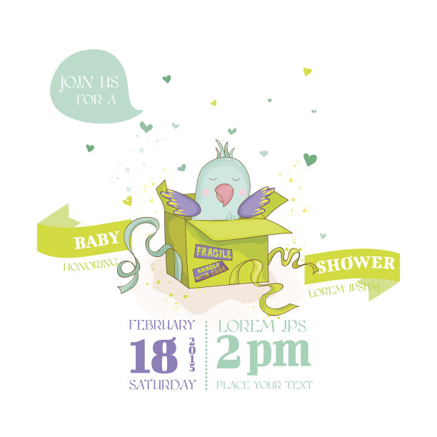 可爱的鹦鹉在礼品盒。婴儿洗澡卡图片下载