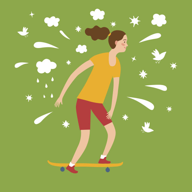 快乐的卡通女孩骑滑板图片下载