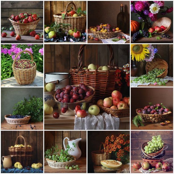 用篮子装水果和浆果的静物拼贴画。图片下载