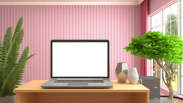 办公桌上有一台白色屏幕的电脑。三维演示图片下载