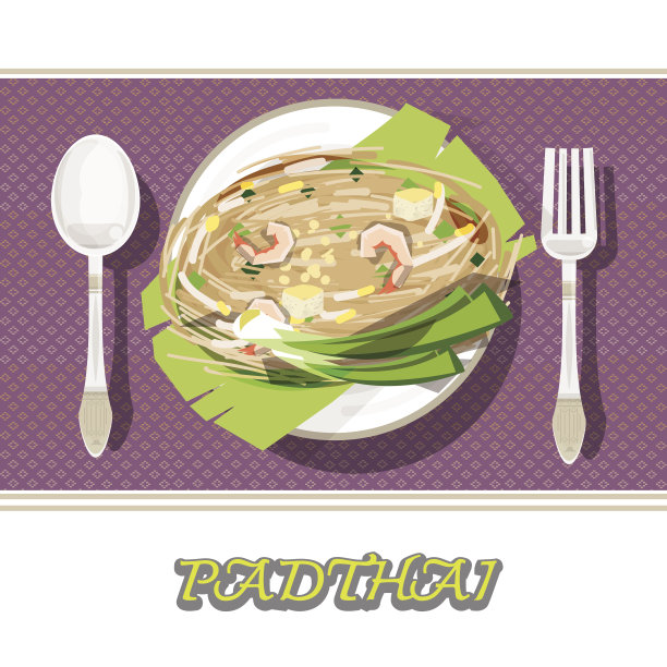 泰国菜泰式炒河粉。面条-矢量插图图片下载