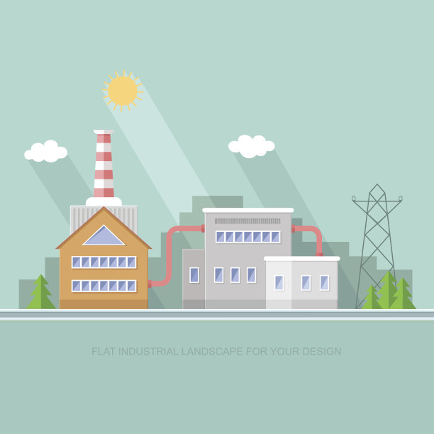 工业工厂建筑。生产石油和天然气、金属和橡胶、能源和电力的工厂。破坏大自然。环保工厂的标志。平面矢量背景插图图片下载