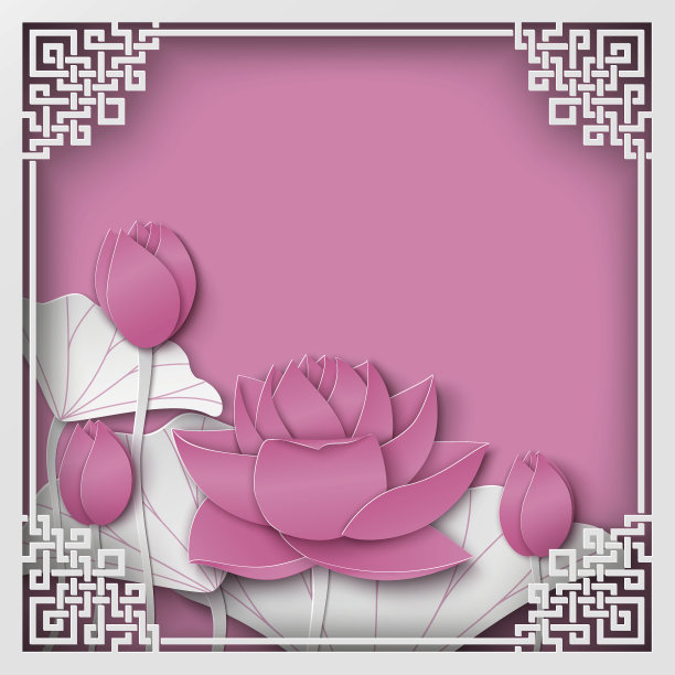 抽象的中国图案方形框架与花卉粉红色的背景，荷花和空间的标题文本素材图片