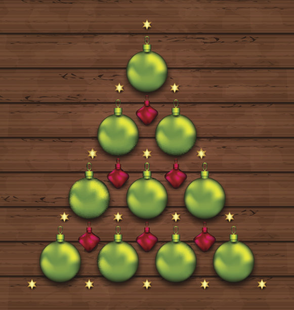 用木头做背景的小装饰品做成的圣诞树图片下载