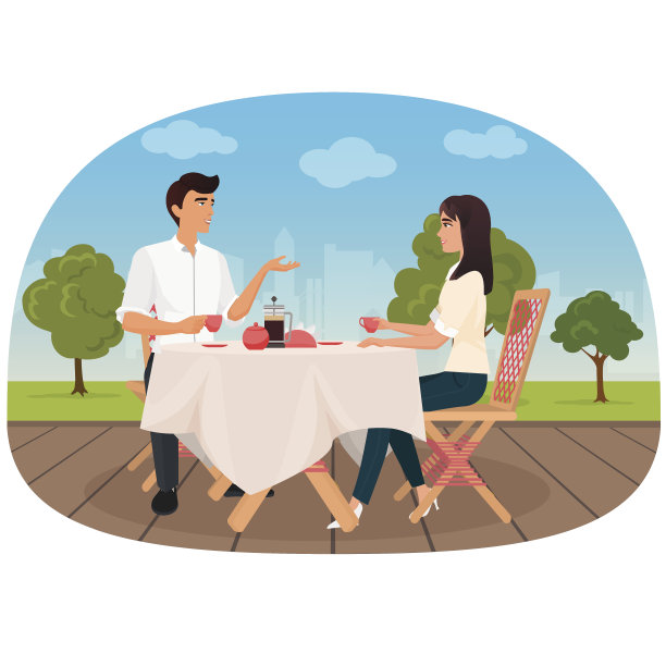 一对夫妇坐在咖啡馆外面喝咖啡和谈论矢量插图图片下载