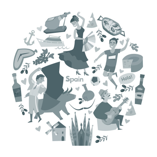 西班牙，旅游符号向量。单色手绘插图图片下载