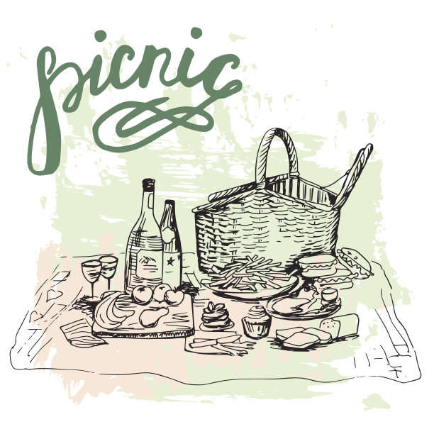 手绘野餐场所与大篮子图片下载