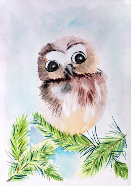 儿童水彩画“树枝上的猫头鹰”图片下载