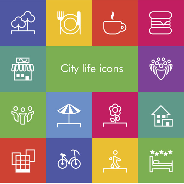 向量集的14个图标显示城市生活的轮廓风格图片下载