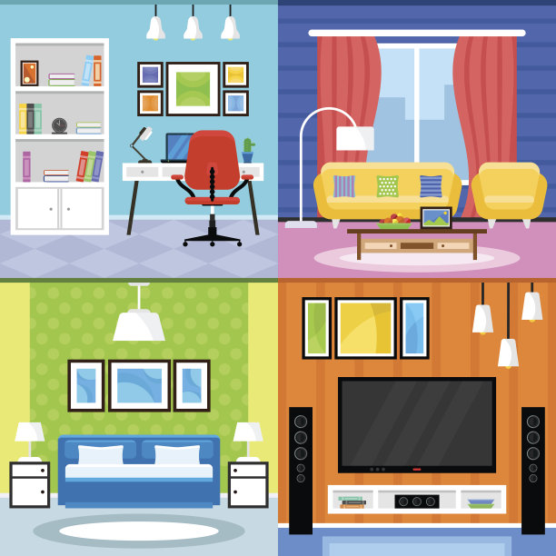 家居室内设计的客厅，卧室和家庭办公家具设置在一个平面设计素材图片