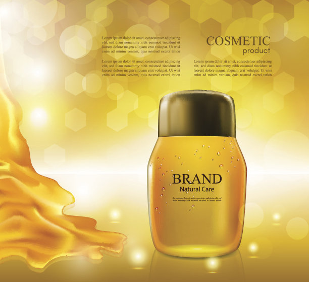 化妆品广告海报。保湿滋养霜的皮肤保护基于天然成分隔离在发光的背景。模型三维逼真的矢量插图与蜂蜜在黄金色的背景图片下载