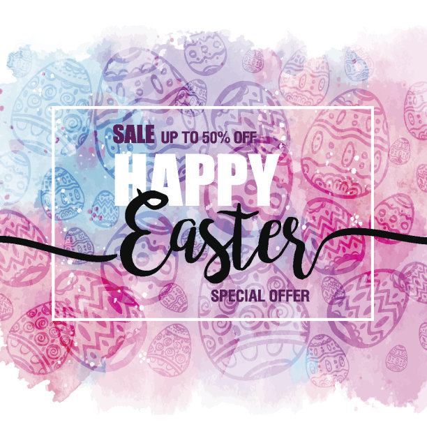 海报复活节快乐销售与鸡蛋在水彩背景图片下载