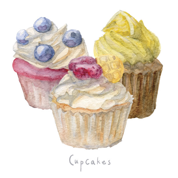 水彩手绘纸杯蛋糕。向量Eps10图片下载