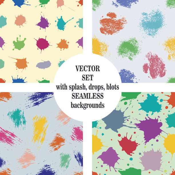 一套带有墨水飞溅、污迹、污渍和笔触的无缝图案矢量素材，用于网页背景、印刷品、壁纸、表面、包装的Grunge无限模板，重复设计元素图片下载