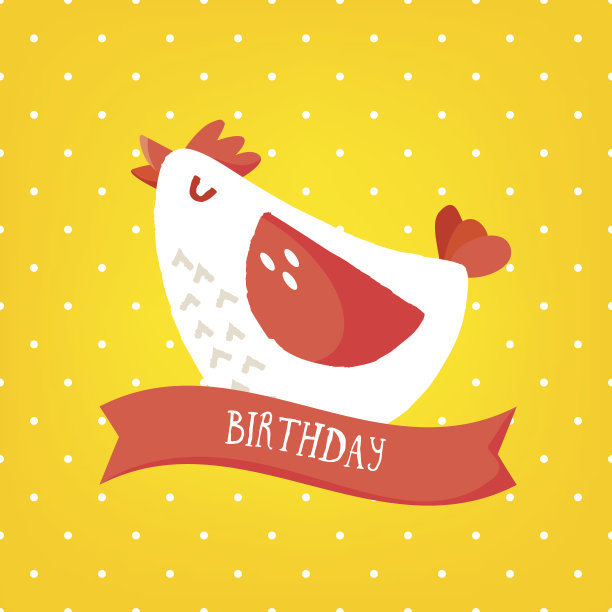 生日贺卡与卡通鸡和丝带在黄色背景在圆点。平面设计。向量。图片下载