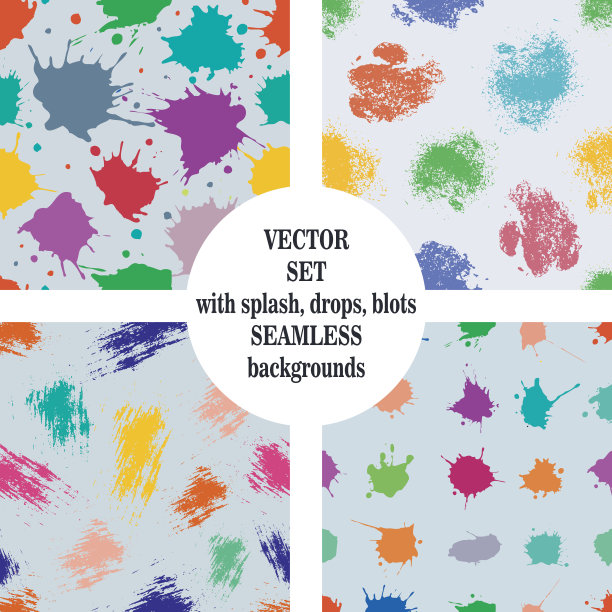 一套带有墨水飞溅、污迹、污渍和笔触的无缝图案矢量素材，用于网页背景、印刷品、壁纸、表面、包装的Grunge无限模板，重复设计元素图片下载