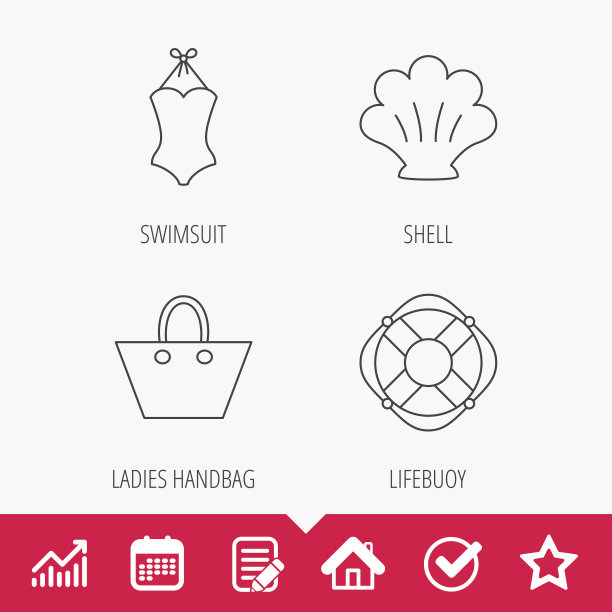 女士手提包，贝壳和泳衣图标。图片下载